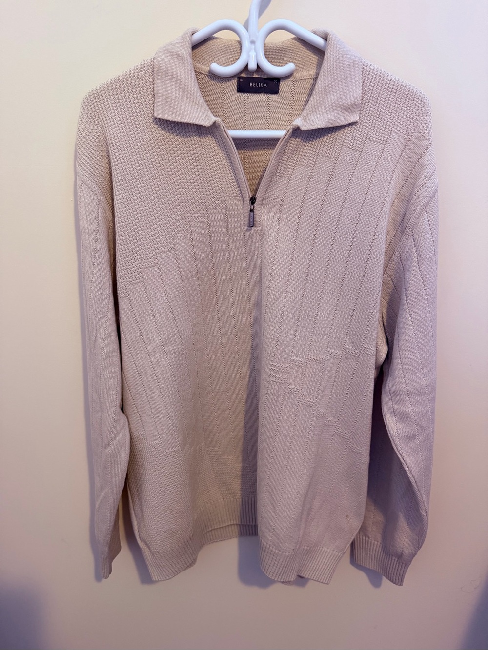 Men's Beige Quarter-Zip Knit Sweater